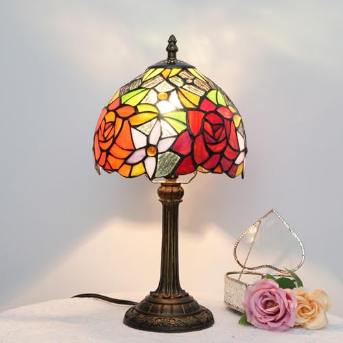 Tiffany Style Stained Glass Table lamp 8inch red Orange Rose Pattern Desk lamp Vintage Bedside Table lamp Used for Bedroom Living Room Dining Table Decoration - color: Tiffany Lamp L