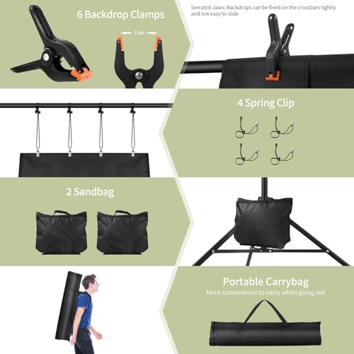 Backdrop Stand 10x7ft(WxH) Photo Studio Adjustable Backdrop Stand Kit Photography Backdrops with 4 Crossbars, 6 Clamps, 4 Spring Clip, 2 Sandbags and Carry Bag for Parties/Wedding/Photography