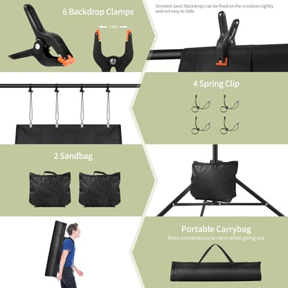 Backdrop Stand 10x7ft(WxH) Photo Studio Adjustable Backdrop Stand Kit Photography Backdrops with 4 Crossbars, 6 Clamps, 4 Spring Clip, 2 Sandbags and Carry Bag for Parties/Wedding/Photography