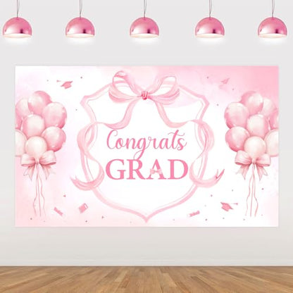 Congrats Grad Decorations Backdrop Banner Pink 5.9×3.6 ft, Bow Graduation Decorations Backdrop Background Photo Booth Prop Vinyl for Girl Class of 2026 Congrats Grad Congratulations Party - size: 5.9*3.6ft
