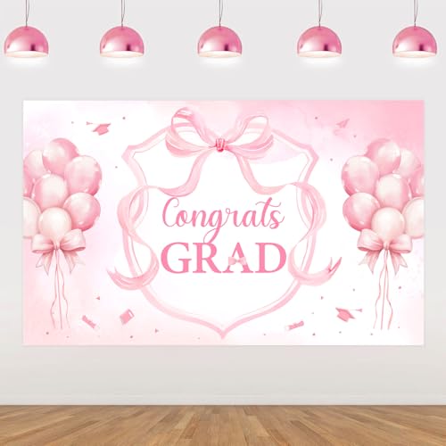 Congrats Grad Decorations Backdrop Banner Pink 5.9×3.6 ft, Bow Graduation Decorations Backdrop Background Photo Booth Prop Vinyl for Girl Class of 2026 Congrats Grad Congratulations Party - size: 5.9*3.6ft