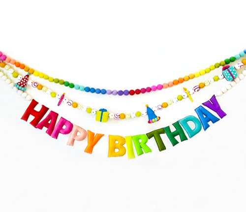 3Pcs Pre-Strung Happy Birthday Banner with Wool Balls, Rainbow Party Decorations, Reusable Happy Birthday Felt Ball Garland, Personalized Holiday Sign for Birthday Party Decor, Home Classroom Decor, Photo Prop (Birthday Banner + Felt Garland + Rainbow Bal