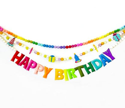 3Pcs Pre-Strung Happy Birthday Banner with Wool Balls, Rainbow Party Decorations, Reusable Happy Birthday Felt Ball Garland, Personalized Holiday Sign for Birthday Party Decor, Home Classroom Decor, Photo Prop (Birthday Banner + Felt Garland + Rainbow Bal