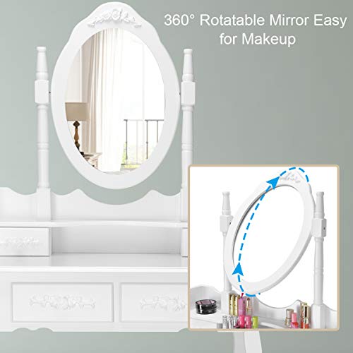 Giantex Vanity Table Set with Oval Mirror and 4 Drawers, Makeup Dressing Table with Cushioned Stool, Wooden Makeup Table for Bedroom Bathroom Girls Women, White - color: White, style: 4 Drawers