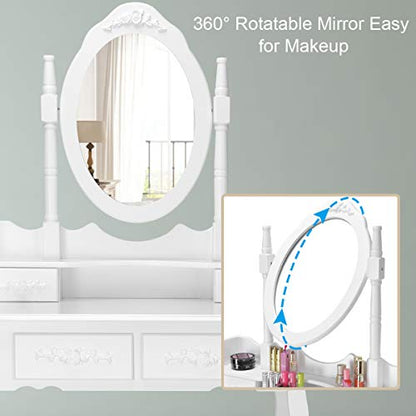 Giantex Vanity Table Set with Oval Mirror and 4 Drawers, Makeup Dressing Table with Cushioned Stool, Wooden Makeup Table for Bedroom Bathroom Girls Women, White - color: White, style: 4 Drawers