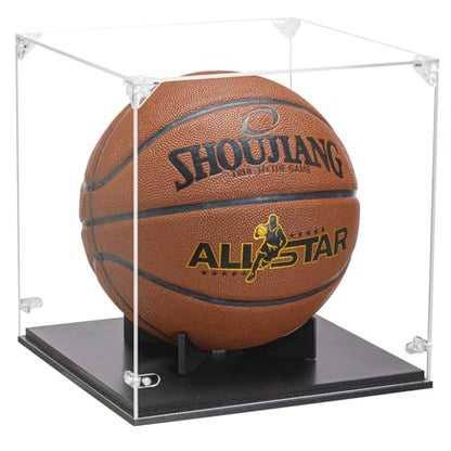 GYaozii Basketball Display Case, Thickened UV Protection Clear Acrylic Lid Basketball Holder, Wooden Basketball Base Stand for Autographed Ball and Memorial Gift - size: Basketball Display Case-Black