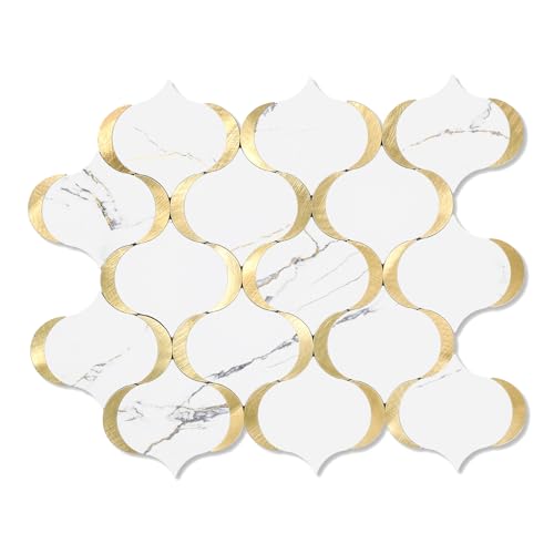 10 Sheet Glossy Arabesque Peel and Stick Backsplash Tile, Stick on Backsplash for Kitchen and Bathroom Wall, Calacatta Gold Marble PVC Mixed Metal Aluminum - color: Calacatta Gold Marble Mixed Metal Gold