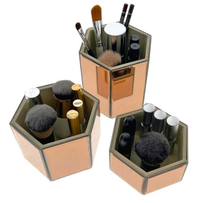 OnDisplay Tressa Set of 3 Hexagon Mirrored Trays for Makeup/Cosmetics, Brushes, Office, Jewelry and Accessories (Rose Gold)