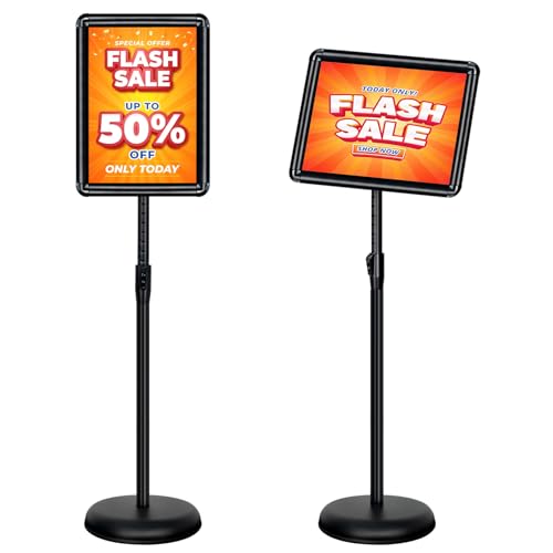 8.5x11 Inch Adjustable Pedestal Poster Sign Stand, Heavy Duty Floor Standing Sign Holder Stand Aluminum Snap Open Frame for Vertical and Horizontal View Sign Displayed (Black, Round) - color: Black, size: 8.5"x11"-1Pack