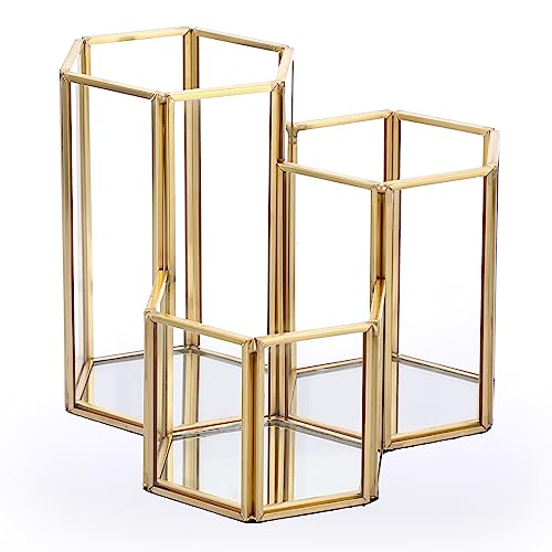Hipiwe Glass Makeup Brush Holder 3 Slot Mirrored Gold Cosmetics Brush Organizer Eyeliners Display Case Vintage Decorative Makeup Storage Box Desktop Pen Pencil Pot, Large - style: 3-Slot Hexagon,Large