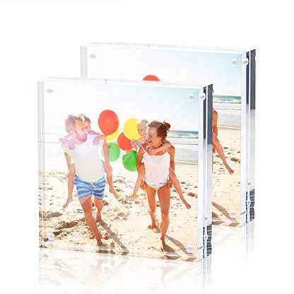TWING 4x4 Acrylic Picture Frames 2 Pack, 20MM Thick Double Sided Magnetic Clear Photo Frame, HD Frameless Magnetic Photo Frame Display for Desktop Gift Ideal, Cleaning Cloth Included - size: 4x4" 2pack