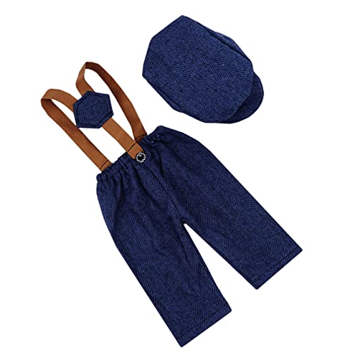 Newborn Monthly Baby Photo Props Stripe Checked Flat Cap Newsboy Suspender Pants Romper for Photography Outfits - color: Blue