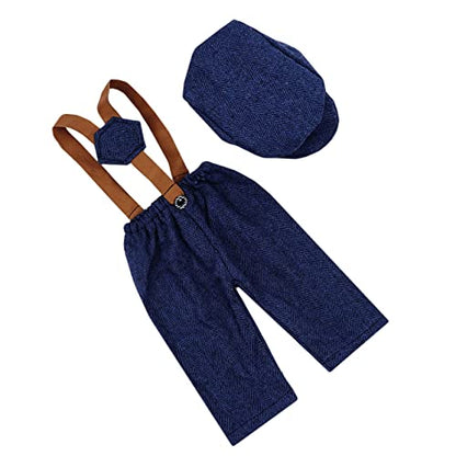 Newborn Monthly Baby Photo Props Stripe Checked Flat Cap Newsboy Suspender Pants Romper for Photography Outfits - color: Blue