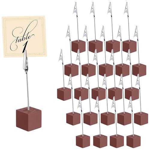 24PCS Wooden Cube Memo Holders with Alligator Clips Table Number Stands, Cube Base Memo Clip Holder Photo and Card Display Clips for Wedding, Event, Office Desk Use (Brown) - color: Brown