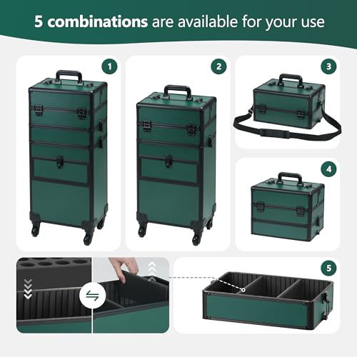 Somduy Rolling Makeup Case with Drawer, Makeup Train Case, 4 in 1Cosmetology Case on Wheels, Christmas Gift, Large Makeup Case Organizers, Profesional Cosmetic Case for Salon Barber, Green - color: Green