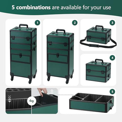 Somduy Rolling Makeup Case with Drawer, Makeup Train Case, 4 in 1Cosmetology Case on Wheels, Christmas Gift, Large Makeup Case Organizers, Profesional Cosmetic Case for Salon Barber, Green - color: Green