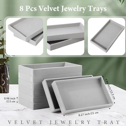 Inbagi 16 Pcs Small Velvet Jewelry Tray Stackable Jewelry Drawers Organizer Trays Storage Display Trays for Earring Ring Necklace Bracelet 8.3 x 5 x 1 Inches, Grey