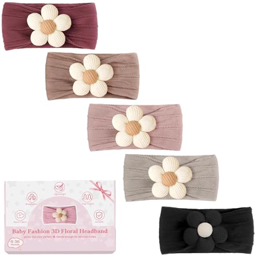 CÉLLOT 5 Pcs Baby Flower Headbands Baby Girls Nylon Headbands Soft Hairbands Hair Accessories for Newborn Infant Toddler Kids(Autumn/Winter Colors) - color: Gray+Muted Pink+Khaki+Wine Red+Black
