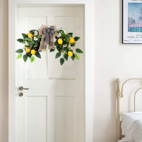 MANMAOHE Flower Swag Artificial Lemon Swag 22In Spring/Summer Wreath Fruit Wreath Garland with Ribbon Daisy and Eucalyptus Leaves for Wedding Home Party Wall Decor
