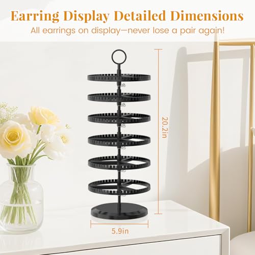 EsLuker.ly Earring Holder Organizer Rotating Stud Display Tree Rack with 342 U-Slots for Women Girls, Large Adjustable 6 Tier Plastic Storage Stand with Metal Tray for Pierced Hoop Post Earring, Black - color: Black
