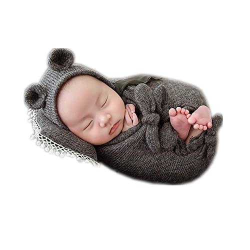 Newborn Baby Boy Girl Photography Props Bow Wrap, Posing Aid, Hat and Blanket Set of 4 Pcs - color: Gray