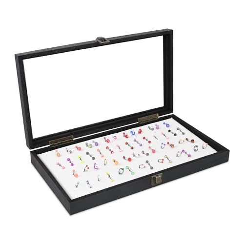 MOOCA Temper Glass Top Jewelry Display Case with Tempered Glass Lid and 54 Clip Body Jewelry Display Pad for Belly Button Rings, Tongue Rings, and Industrial Barbell Organizer, Black Tray-White Pad - color: White Pad with Black Wood Case