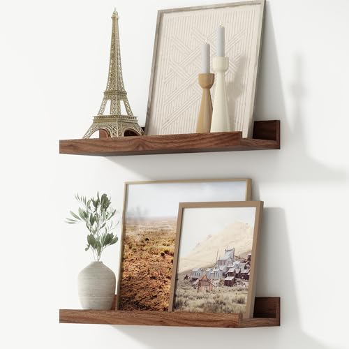 FLYJOE Picture Ledge Shelf, Floating Shelves Set of 2, 16 Inches Nursery Book Shelves for Toys Storage, Kids Bookshelf Wall Mounted for Living Room Bedroom Decor Books Photo Frames, Walnut - color: Walnut, size: 16'', Set of 2
