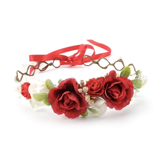 Flower Girl Flower Crown Pink Baby Girls Floral Headpieces Kids Headband Children Hair Wreath Photo Prop (Dark Red-Child Size) - color: Dark Red