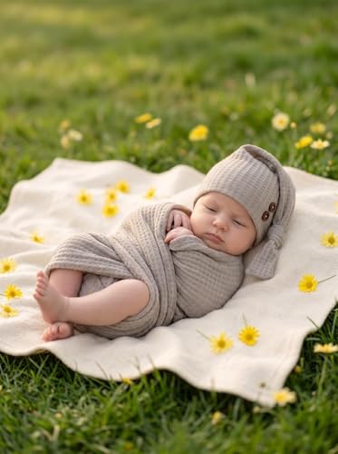 Newborn Photography Props Swaddle Wraps with Hats for Baby Boys Girls Photo Props Shoot Newborn Waffle Texture Knit Blanket (Grey) - color: Grey