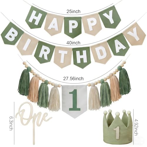 Sage Green 1st Birthday High Chair Decorations- First Birthday Banner Wild One Highchair banner 1st birthday boy with Tassels, Crown & One Cake Topper, Boho 1st Birthday Party Supplies photo props - color: Green