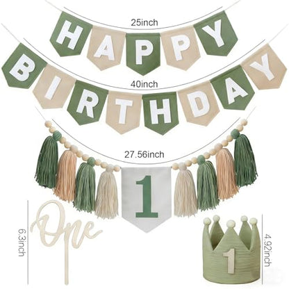 Sage Green 1st Birthday High Chair Decorations- First Birthday Banner Wild One Highchair banner 1st birthday boy with Tassels, Crown & One Cake Topper, Boho 1st Birthday Party Supplies photo props - color: Green