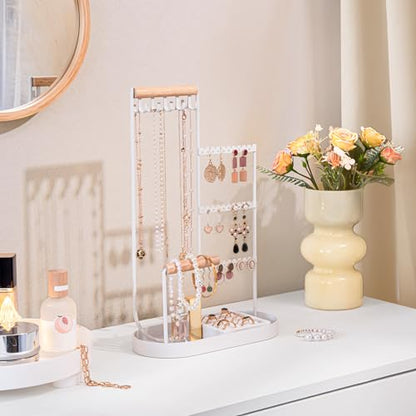 ProCase Jewelry Organizer Tower, 10 Hooks Jewelry Storage Rack Tree Holder Stand with Velvet Ring Display Tray for Necklaces Bracelets Earrings Rings Watches -White - color: White