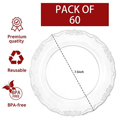 U-QE 60 Pieces Clear Plastic Plates - 7.5 Inch Clear Disposable Plates - Plastic Appetizer Plates - Premium Hard Dessert Plates - Party Supplies for Birthdays, Celebrations, Wedding and Events - color: 10Inch-60pcs-Lace