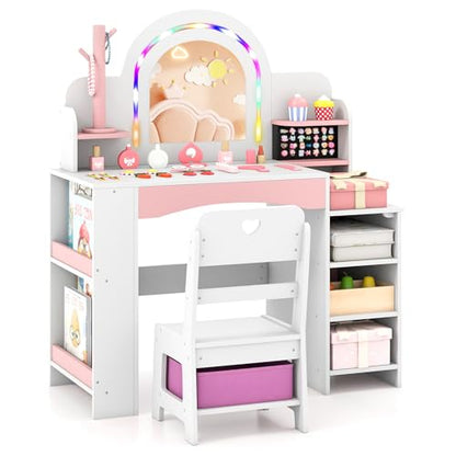 Costzon Kids Vanity, Girls Vanity Set with Lighted Mirror, Bookshelf, Jewelry Storage, Toddler Makeup Vanity Desk Dressing Table, Wooden Kids Vanity Table and Chair Set (White) - style: White