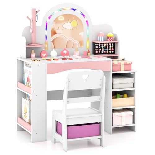 Costzon Kids Vanity, Girls Vanity Set with Lighted Mirror, Bookshelf, Jewelry Storage, Toddler Makeup Vanity Desk Dressing Table, Wooden Kids Vanity Table and Chair Set (White) - style: White