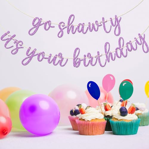 Go Shawty It's Your Birthday Banner, Hip Hop Birthday Party Decorations Supplies, Rap Theme Bday Bunting Sign, Pre-strung, Photo Props (Purple) - color: Purple