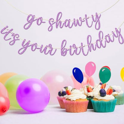 Go Shawty It's Your Birthday Banner, Hip Hop Birthday Party Decorations Supplies, Rap Theme Bday Bunting Sign, Pre-strung, Photo Props (Purple) - color: Purple