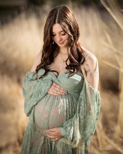 Saslax Soft Stretchy Lace Off Shoulder Doubly Split A-line Skirt Maternity Dress Pregnancy Maxi Gown for Photoshoot - color: Sage, size: Small