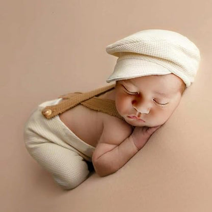 Holibeat Newborn Boy Photography Props Baby Boy Photo Shoot Outfits Infant Gentleman Romper Suits with Hat - color: White Brown