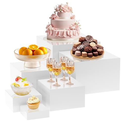 KOLIPI 6Pcs Buffet Risers, Food Risers for Buffet Table, Acrylic Boxes for Display Cube Riser Display Stand for Party Catering Dessert Collectibles, White Set (Size 8", 7", 6", 5", 4", 3") - color: White
