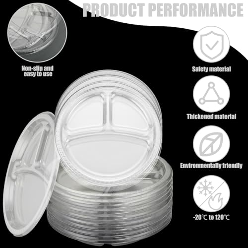 Umigy 100 Pcs 10 Inch 3 Compartments Divided Plastic Plates Bulk Colorful Disposable Heavy Duty Round Dinnerware for Party Valentine Wedding Birthday(Transparent) - color: Transparent