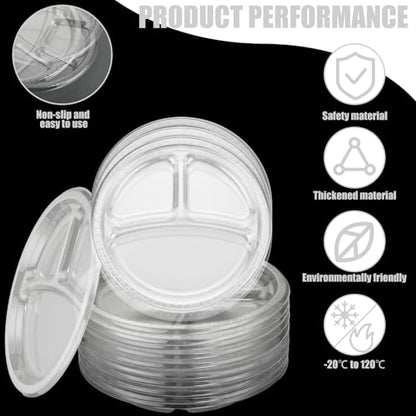 Umigy 100 Pcs 10 Inch 3 Compartments Divided Plastic Plates Bulk Colorful Disposable Heavy Duty Round Dinnerware for Party Valentine Wedding Birthday(Transparent) - color: Transparent
