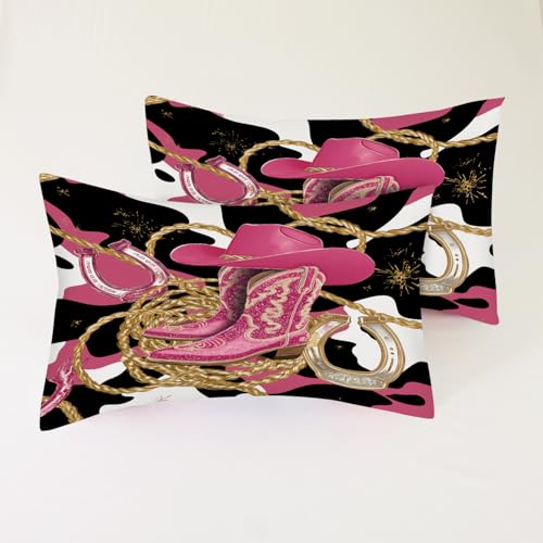 Pink Cowgirl Fitted Sheet Set Queen Size Glitter Cowboy Boots Horseshoe Print Sheet Set Kids Women Western Bed Sheets Cowhide Pattern 1 Fitted Sheet+1 Flat Sheet+2 Pillowcases - color: Cowgirl 01, size: Queen
