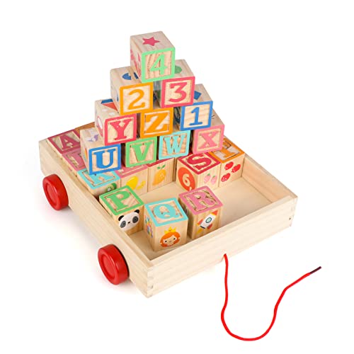 Wooden Building Blocks for Toddlers 1-3, Large Wood Baby Stacking Blocks Set for Kids, 30 PCS Alphabet Blocks with Toy Wagon, Educational Wooden Toys for Boys Girls Gifts 1.65" - style: 30 abc blocks cart