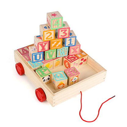 Wooden Building Blocks for Toddlers 1-3, Large Wood Baby Stacking Blocks Set for Kids, 30 PCS Alphabet Blocks with Toy Wagon, Educational Wooden Toys for Boys Girls Gifts 1.65" - style: 30 abc blocks cart