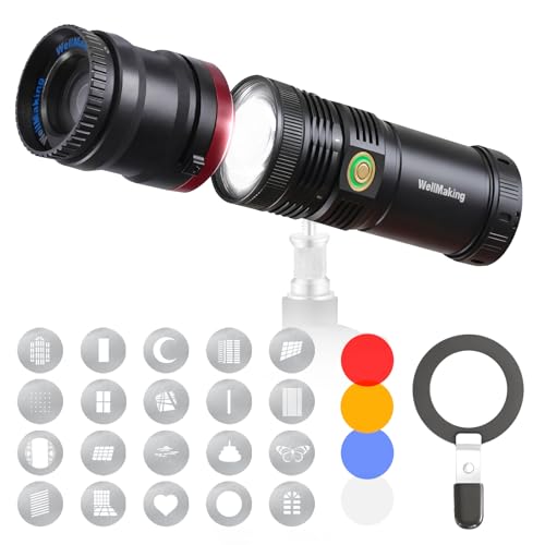 WELLMAKING 10W Four-color Projection Photography Flashlight, Professional Imaging Lens,Stepless Zoom, Zoomable Beam,7800mAh, with 20 gobos for Photo,Content Creation Video Recording Accessorie,YouTube - color: 10W