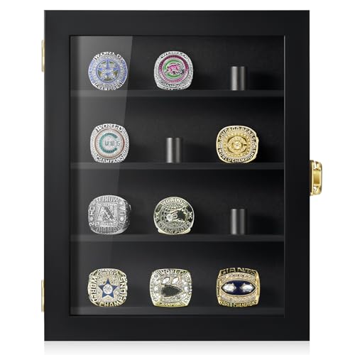 TJ.MOREE Championship Ring Display Case, 12 Ring Posts Baseball Ring Display Case, 8 x 10 Wall Mount Wooden Glass Shadow Box - Black - color: 12 Posts-black-rectangle