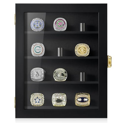 TJ.MOREE Championship Ring Display Case, 12 Ring Posts Baseball Ring Display Case, 8 x 10 Wall Mount Wooden Glass Shadow Box - Black - color: 12 Posts-black-rectangle
