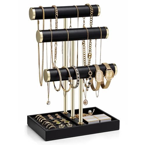 VLANDO 3 Tier Bracelet Holder Organizer with Tray - Leather Jewelry Stand Organizer for Women - Jewelry Holder Display for Necklace, Watches, Rings, Earrings, Bangle, Scrunchie - Black - color: C. Black, size: 3 Tier