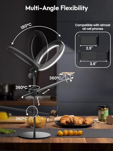 Selfie Ring Light with Stand and Phone Holder,Overhead Phone Mount with 10.5" Ring Lights,Desk Circle Lingt with Tripod Adjustable Shooting Arm for Video Recording,YouTube,TikTok,Live Streaming
